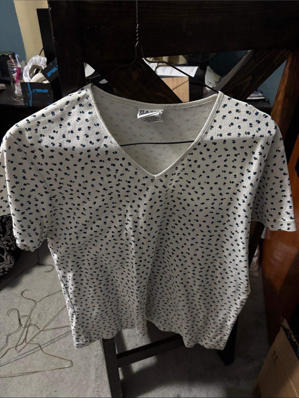 Basic Editions White V-Neck Short Sleeve Tee with Navy Dot Print